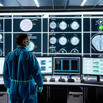 **A futuristic chemical plant control room, showcasing a 危化品管理师 (hazardous chemical management specialist) collaborating with an AI interface displaying real-time safety data and predictive analysis, emphasizing human-machine collaboration for enhanced safety and efficiency.**