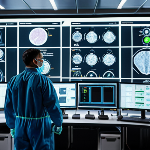 **A futuristic chemical plant control room, showcasing a 危化品管理师 (hazardous chemical management specialist) collaborating with an AI interface displaying real-time safety data and predictive analysis, emphasizing human-machine collaboration for enhanced safety and efficiency.**