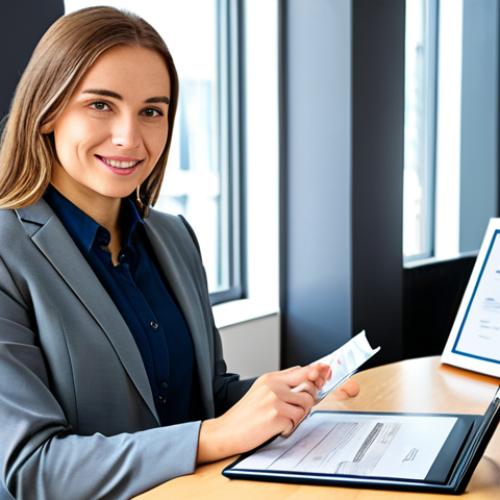 A professional woman in a modest business blazer, seated at a sleek modern desk in a bright, contemporary office. She holds a framed professional certificate, looking at it with a sense of accomplishment and confidence. A tablet on the desk subtly displays a graph showing positive career growth and upward mobility. The environment is clean, organized, and well-lit, suggesting a professional and efficient workspace. fully clothed, appropriate attire, safe for work, perfect anatomy, correct proportions, natural pose, well-formed hands, proper finger count, natural body proportions, professional, high quality, appropriate content.