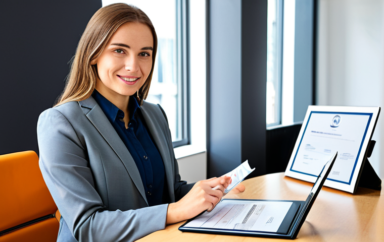 A professional woman in a modest business blazer, seated at a sleek modern desk in a bright, contemporary office. She holds a framed professional certificate, looking at it with a sense of accomplishment and confidence. A tablet on the desk subtly displays a graph showing positive career growth and upward mobility. The environment is clean, organized, and well-lit, suggesting a professional and efficient workspace. fully clothed, appropriate attire, safe for work, perfect anatomy, correct proportions, natural pose, well-formed hands, proper finger count, natural body proportions, professional, high quality, appropriate content.