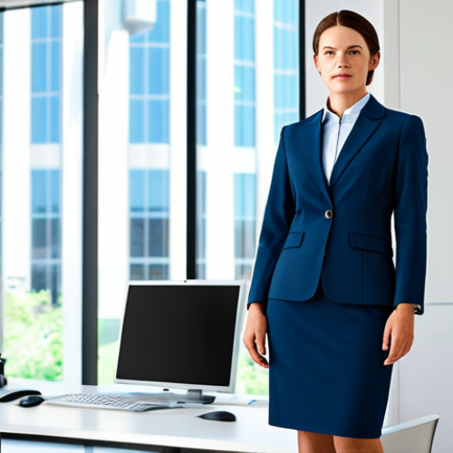 위험물관리사로 승진하는 방법 - ** A professional businesswoman in a modest business suit, standing in a bright, modern office. Full...
