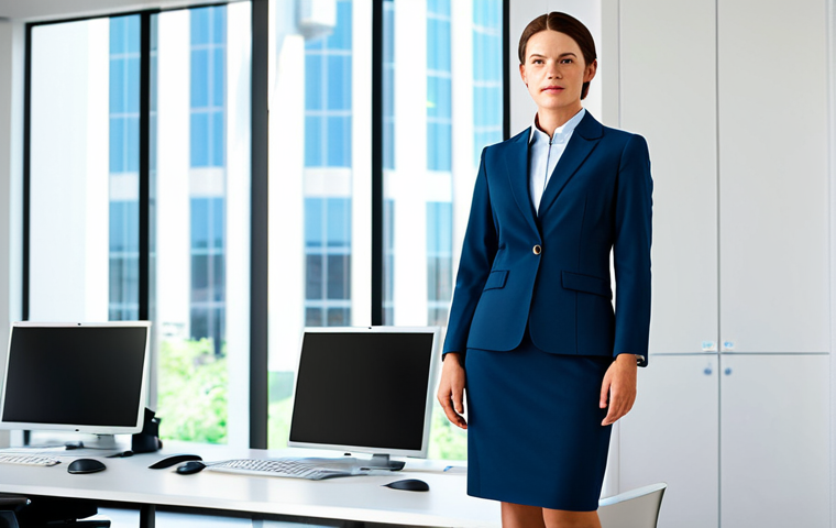 위험물관리사로 승진하는 방법 - ** A professional businesswoman in a modest business suit, standing in a bright, modern office. Full...